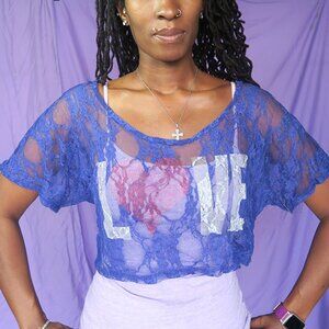 DOTS "Love" cropped see through lace netting top M